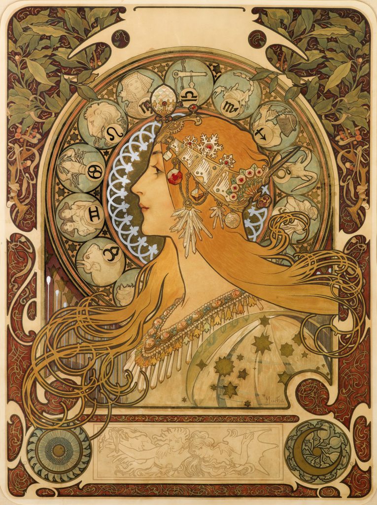 A poster of a face with long hair and an embroidered headpiece while the zodiac signs are behind them.
