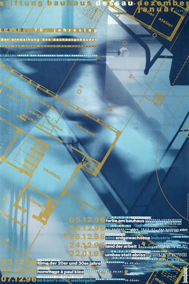 A poster of a blue Bauhaus building with a transparent blue face and a yellow floor plan overlaying it.