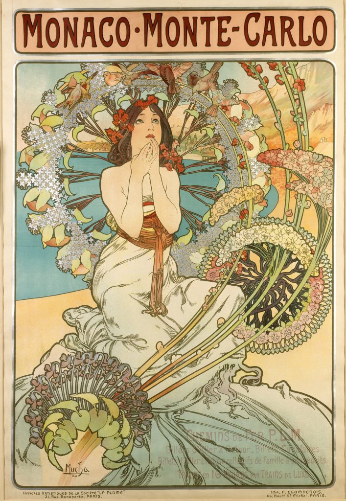 A poster of a figure sitting on a beach with a floral and colorful bird halo behind and around her.