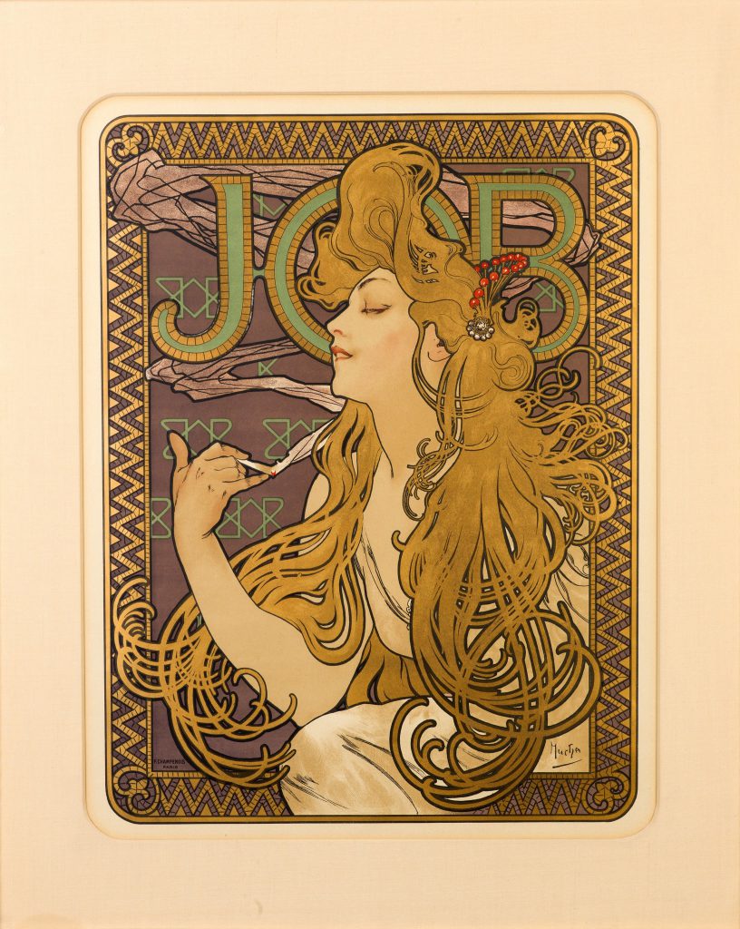 A poster of a figure with long blond hair and holding a cigarette with smoke in the background.