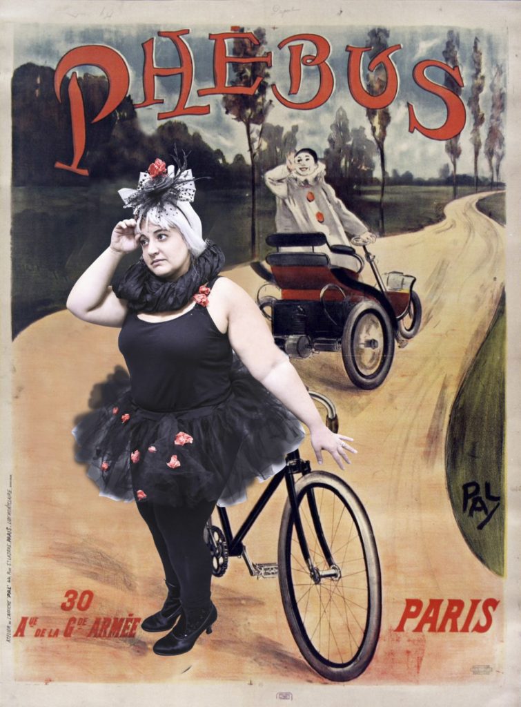 A woman in a black tutu is posing in a poster illustration filter of a clown in a small car.