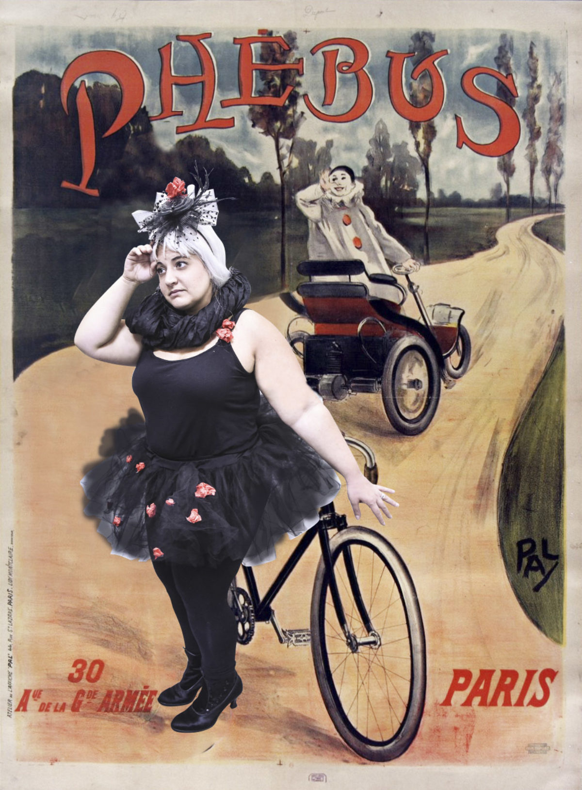 A woman in a black tutu is posing in a poster illustration of a clown in a small car.