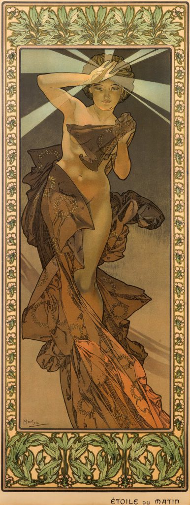 A poster of a semi nude figure covering light from their head with their hand and holding a sheer fabric.