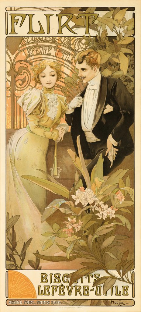 A poster of a woman in a white dress talking to a man in a tuxedo as flowers overlay them.