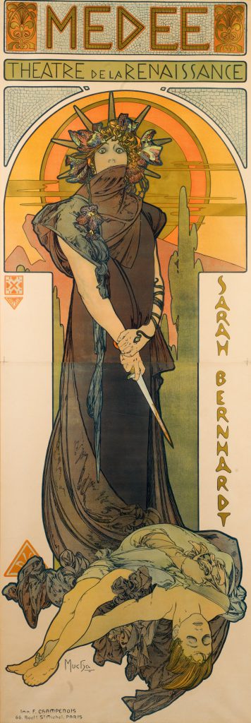 A poster of a person with a floral crown and holding a bloody knife as person is on the floor.