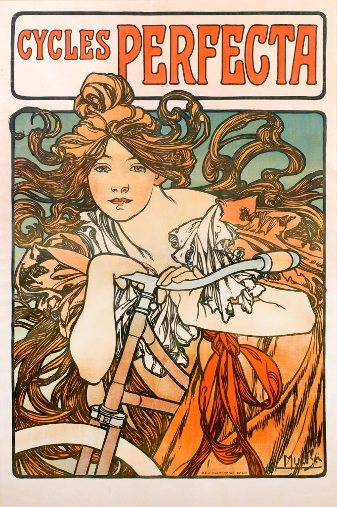 A poster of a figure with orange updo hair that matches their dress as they lean on a bicycle.