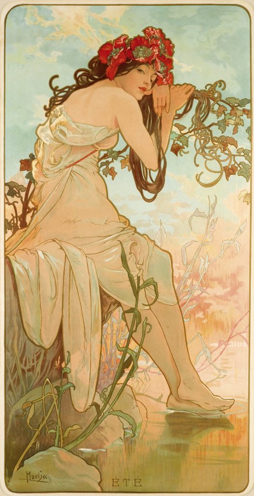 A poster of a female sitting on a rock and leaning on a floral branch as they dip their feet in water.