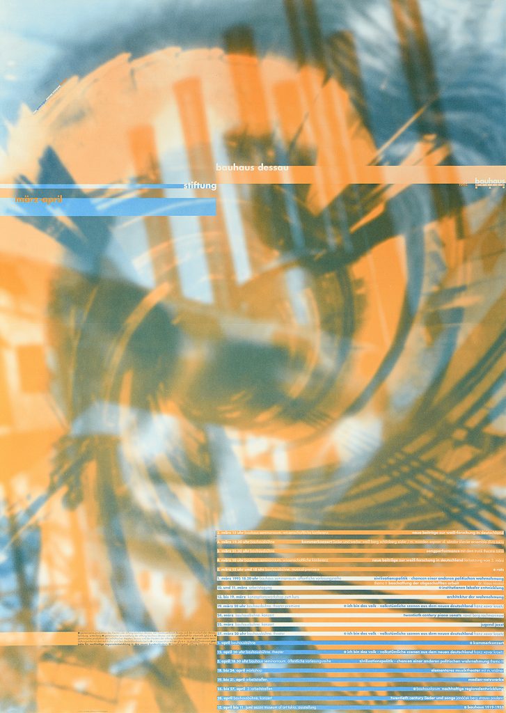 A poster of orange and blue overlays of a Bauhaus staircase and the overlay of a face.