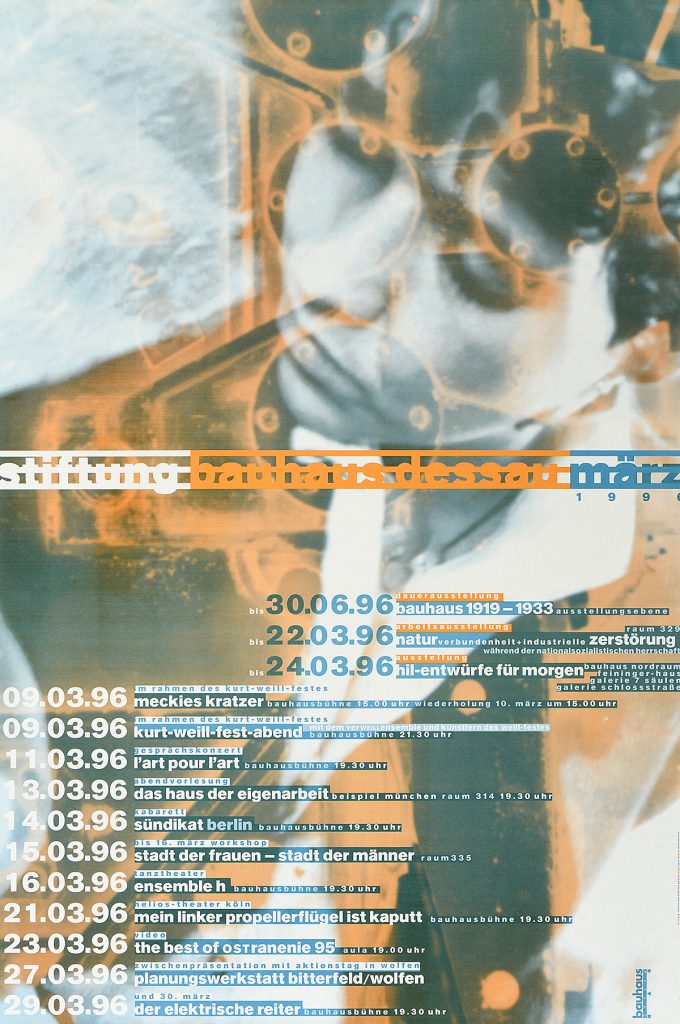 A poster of a blue person with overlays of blue and orange transparent Bauhaus building with texts.