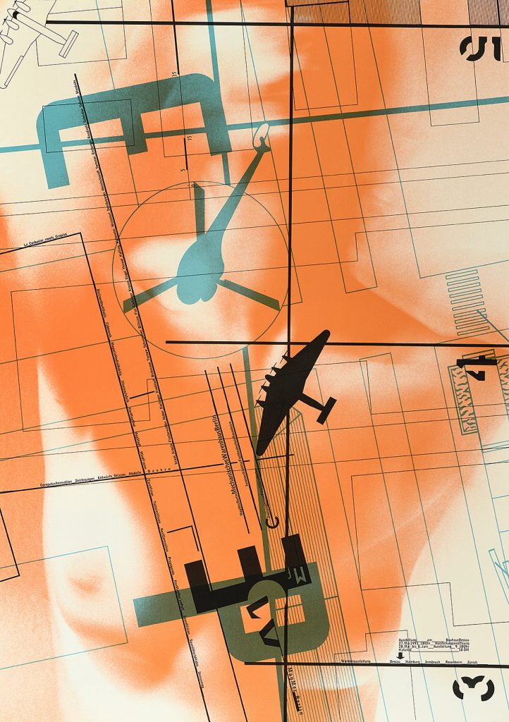 A poster of a black floor plan with outlines of air crafts overlaying an orange and white nude figure.