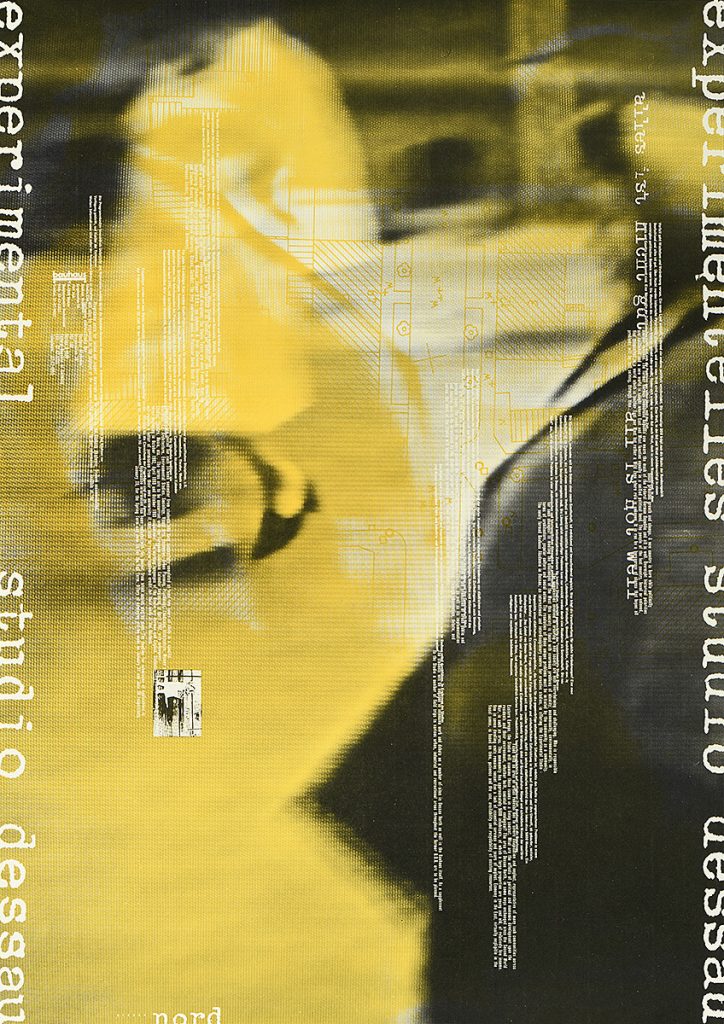 A yellow and black poster of 2 figures walking to the left with overlays of white vertical text.