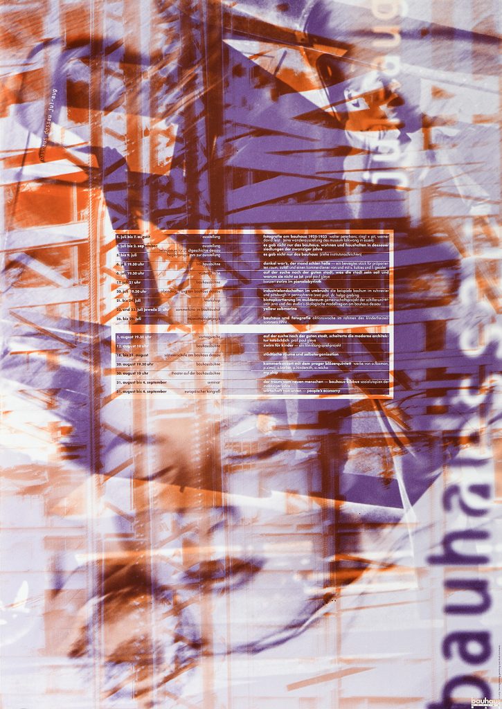 A poster of a sleeping face with a chart and an orange transparent Bauhaus building overlaying it.