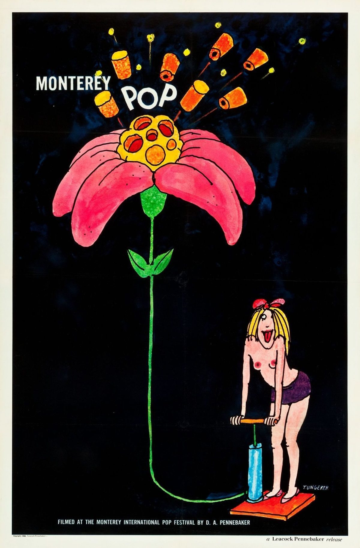A black poster of a mostly nude female pumping air into a flower as its pollen pops out.