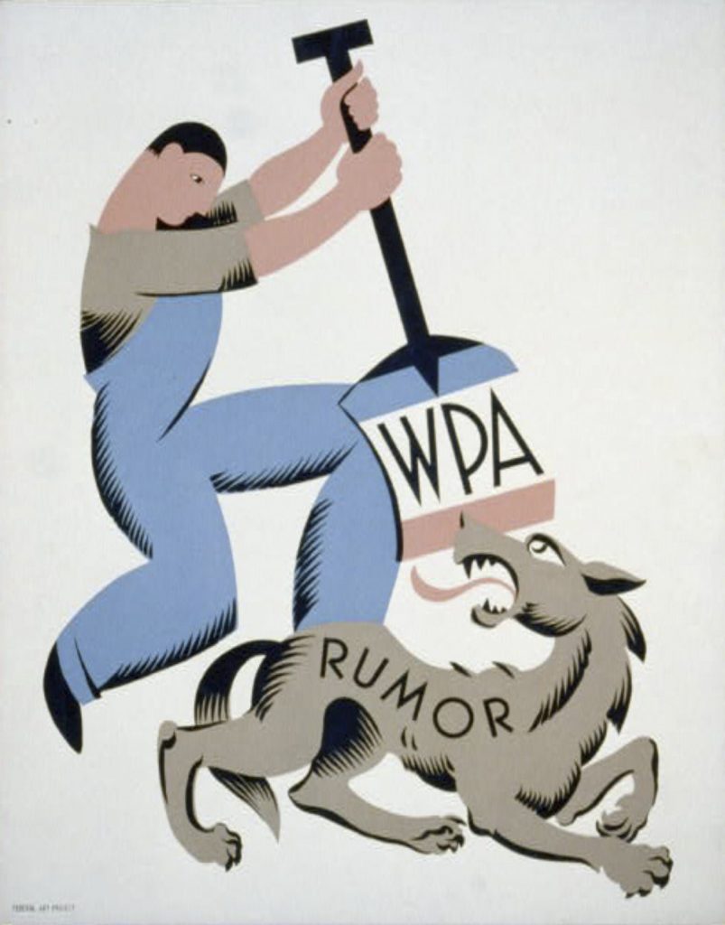 A poster of a person using a shovel with a text of "WPA" to attack a wolf with a text of "rumor."