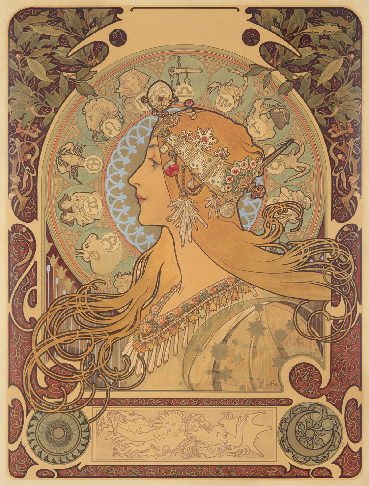 A poster of a face with long hair and an embroidered headpiece while the zodiac signs are behind them.