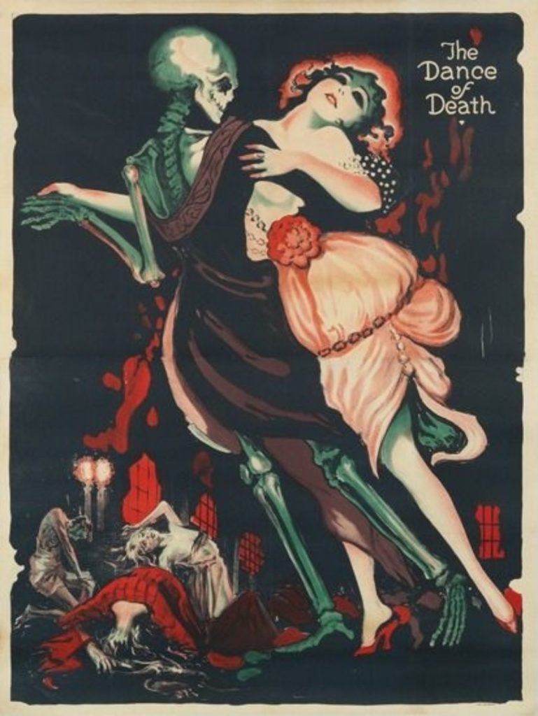A poster of a skeleton in a toga dancing with a woman in a dress and fainting people on the floor.