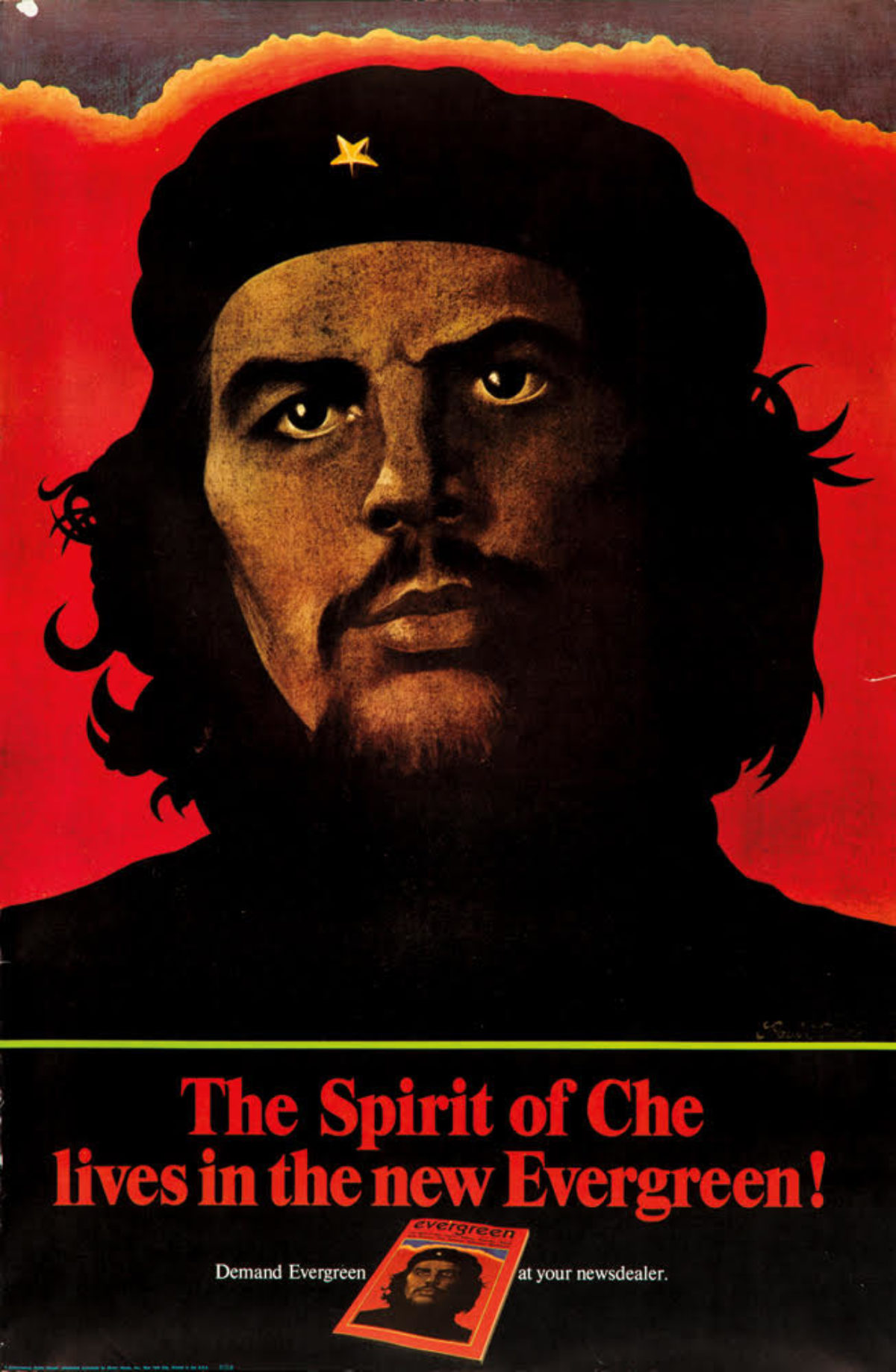 A red poster of a man with shoulder length hair and a black beret.