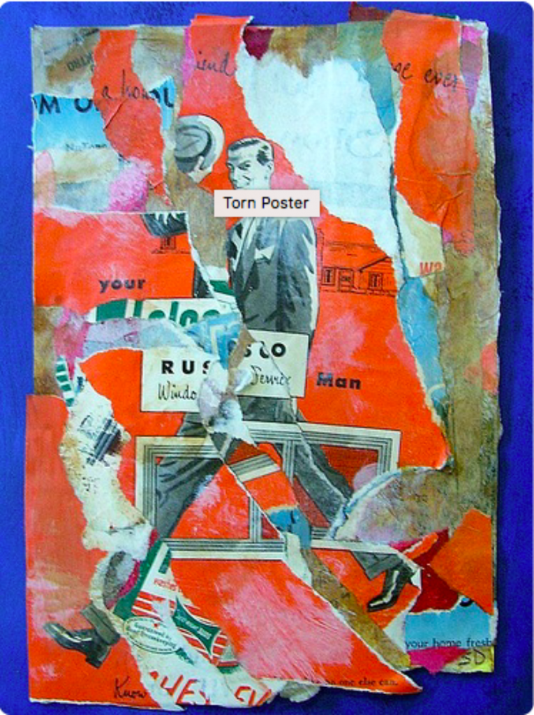 A collage poster of an illustrative man with a text of "Torn Poster" on a blue construction paper.