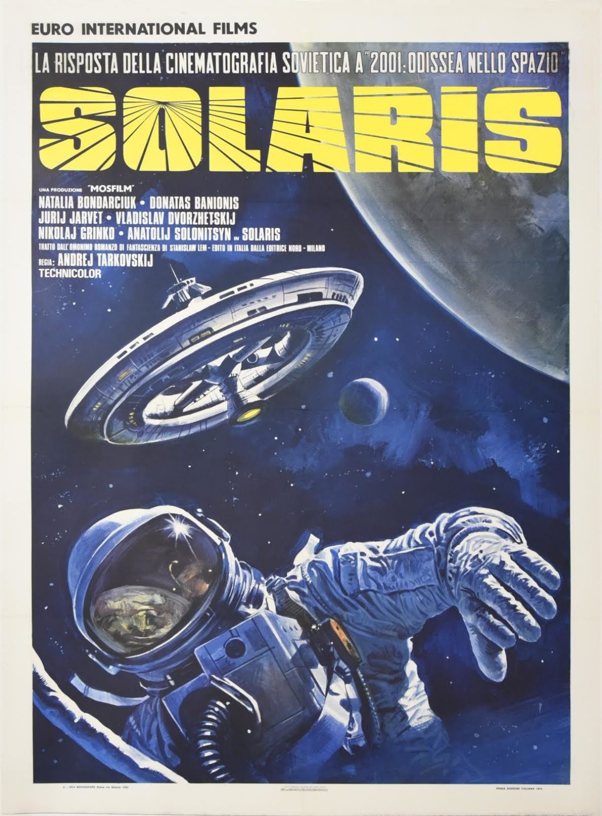 A movie poster of an astronaut floating in space with a spacecraft and a planet behind them.