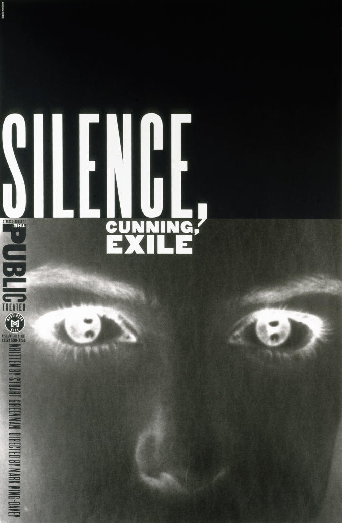 Poster of a solarized closeup of a face below the word Silence.