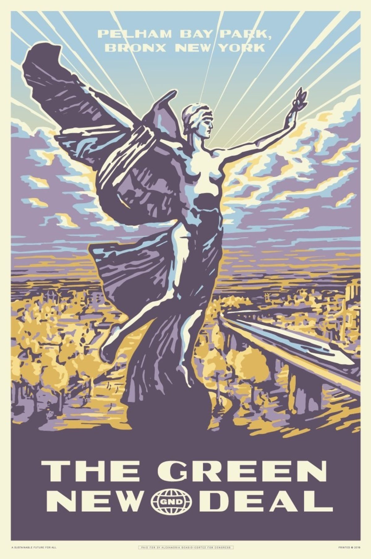 An illustrative poster of a statue of a person with arms out as rays of light and clouds surround it.