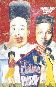 A movie poster of 2 men covering their mouth over 2 women posing by a house silhouette.