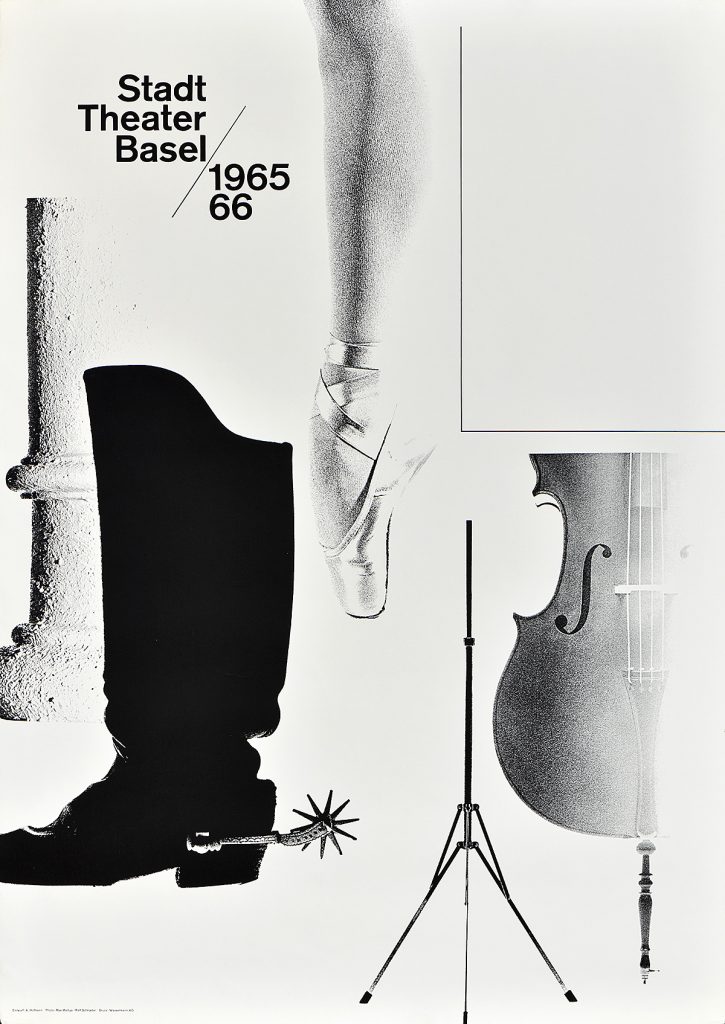 black and white photomontage poster of a boot, cello, ballet slipper, and stone pillar