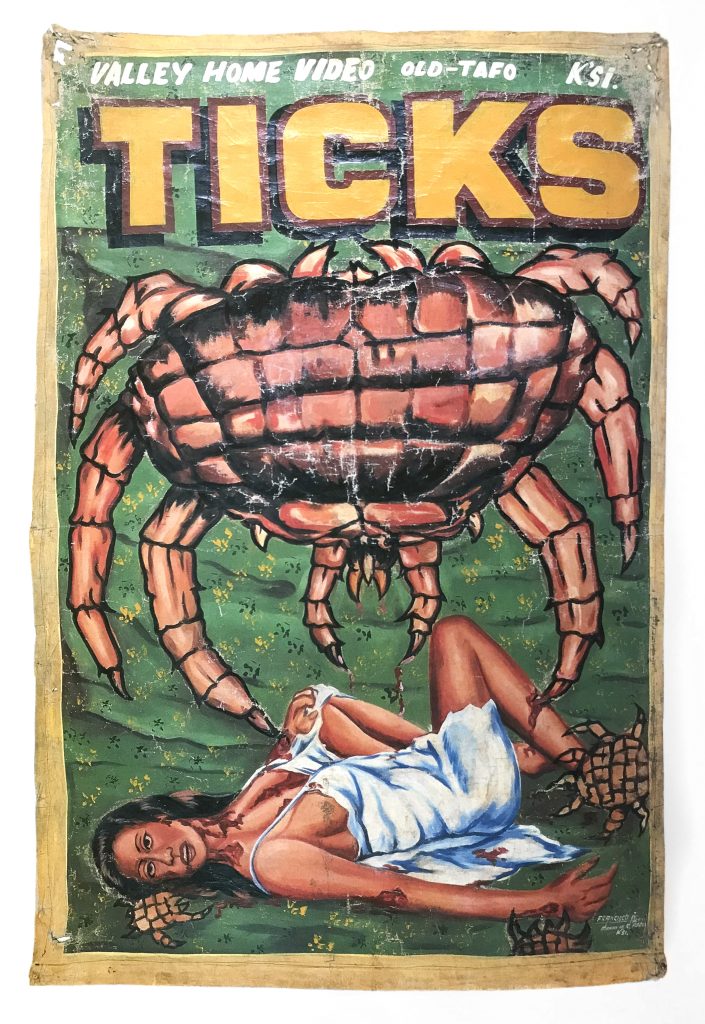 A movie poster of a large tick like creature standing over a woman laying beside smaller creatures.