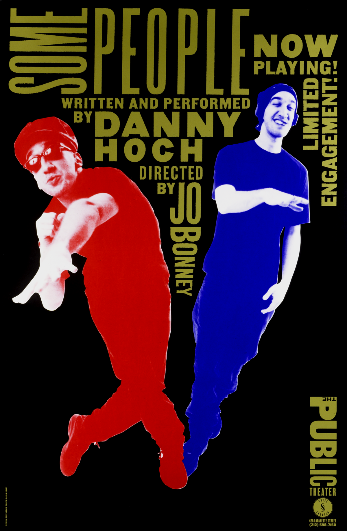 A poster of two young men wearing street clothes; one dressed in red, the other in blue, dancing on a black background.
