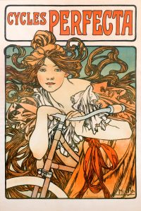 An illustrational poster of a woman with long, flowing hair leaning on a bicycle.