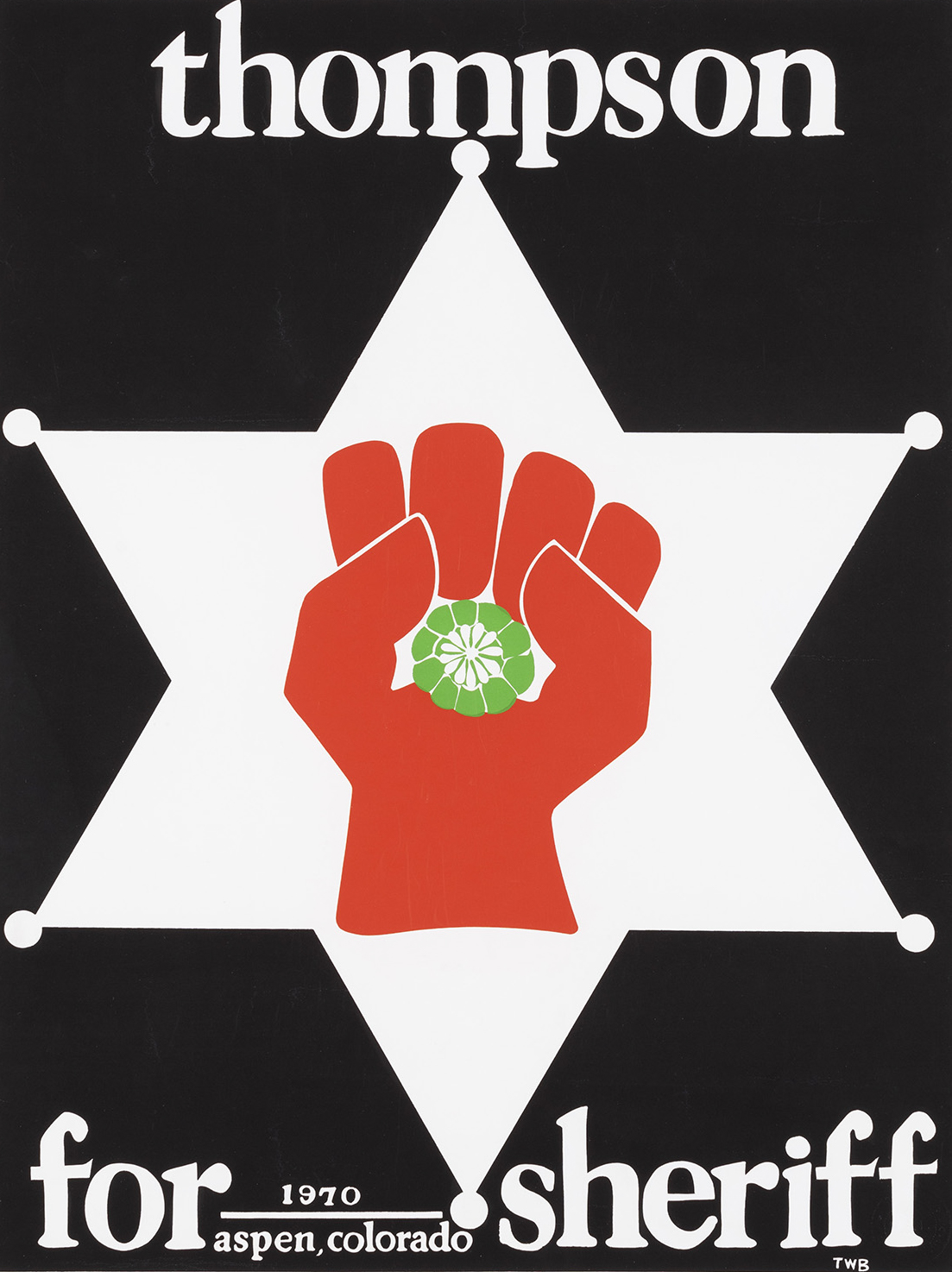 Poster showing a white sheriff star on a black background. Inside the star is a red fist with a two thumbs holding a Peyote flower.