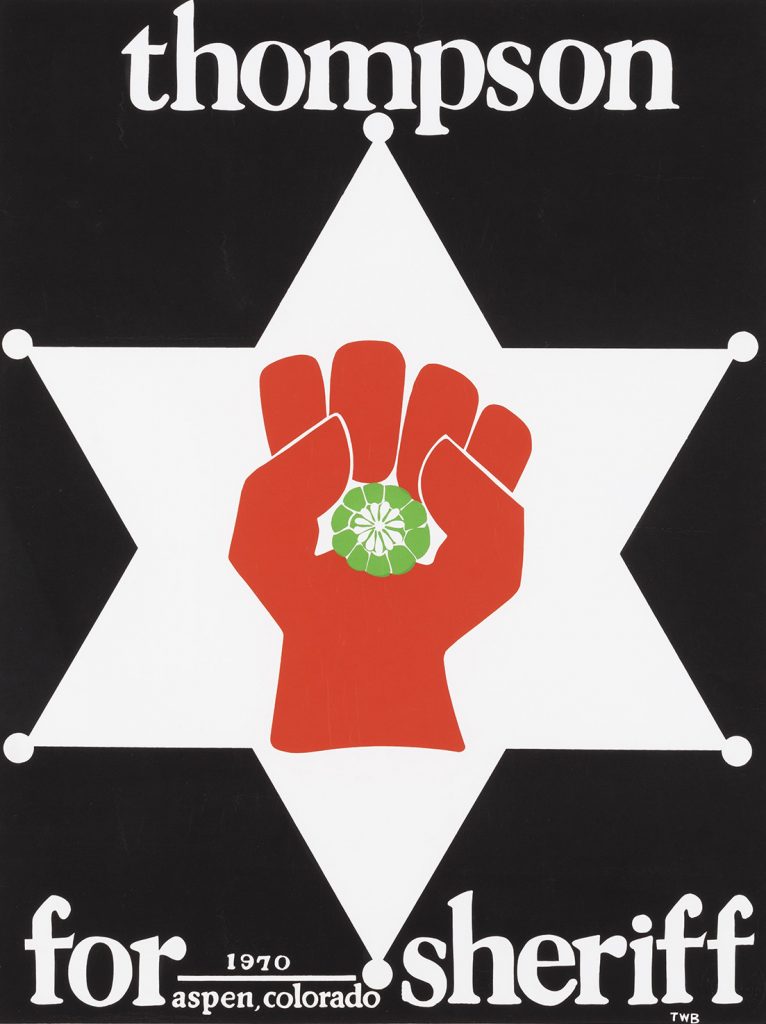 A silkscreen poster of a red fist on a white sheriff's badge.