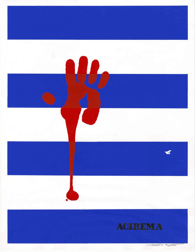 silkscreen poster of blue and white horizontal stripes with a bloody red handprint on top