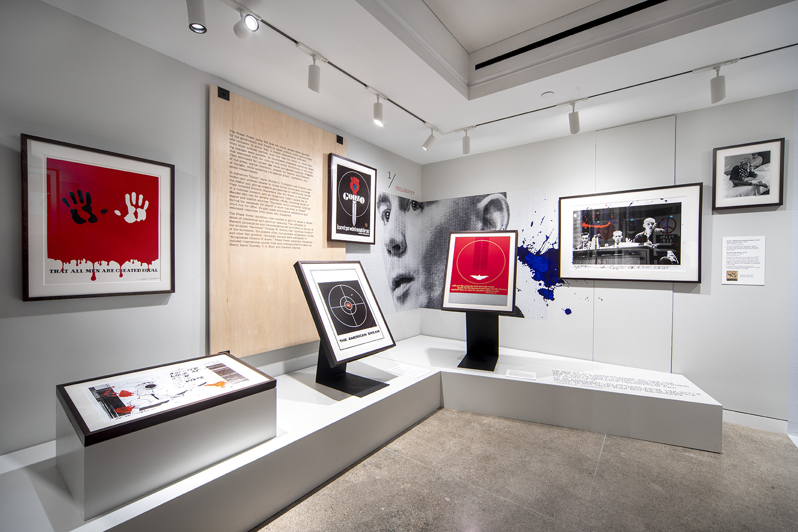 Black framed posters hanging from white walls, and a one foot platform supporting various poster displays in a gallery.