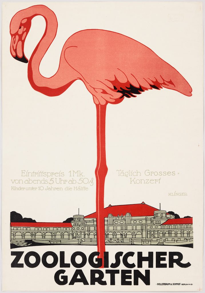 A lithographic poster of a giant pink flamingo with a small governmental building on the horizon.