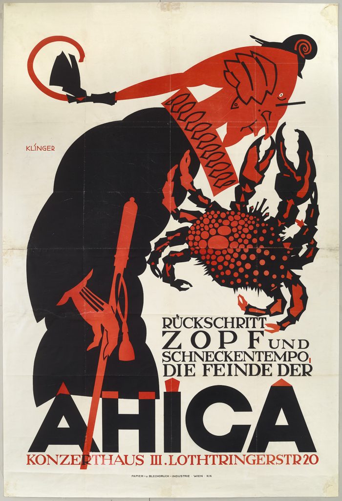 A lithographic poster of a red faced judge in full regalia getting his nose pinched by a giant red crab.