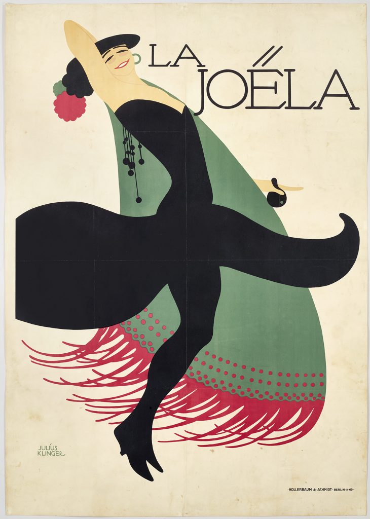 A lithographic image of a woman dancing. She is wearing a black dress and a large spanish shawl.
