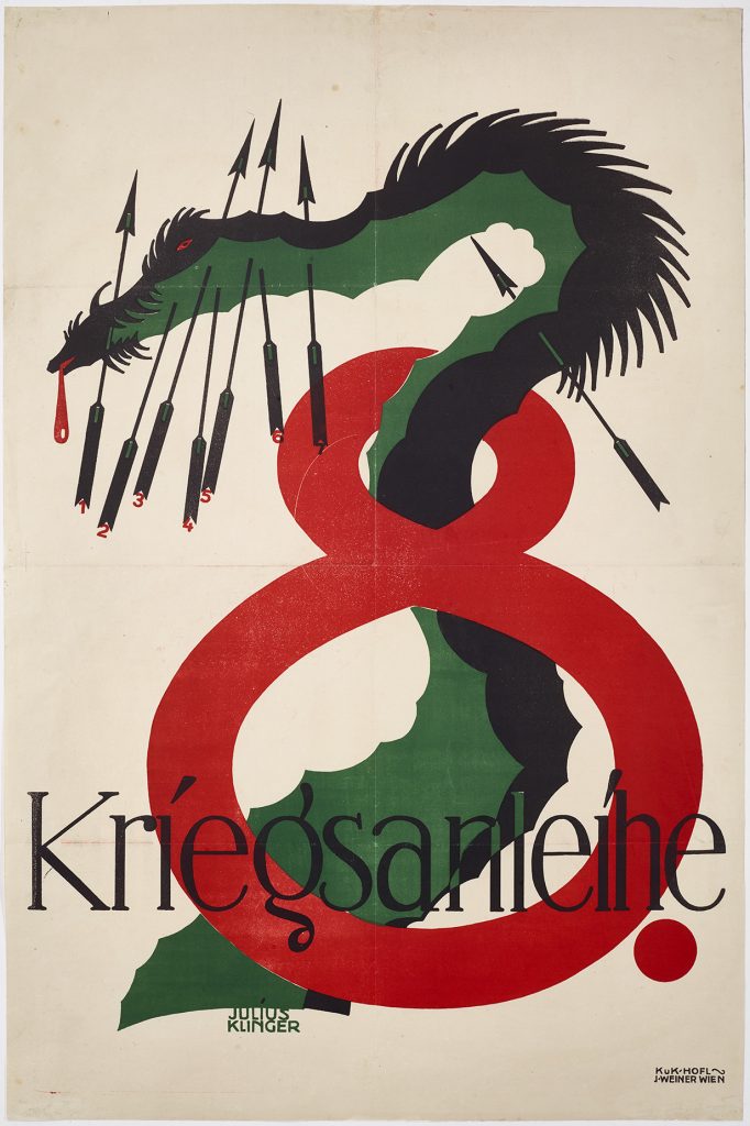 A lithographic poster of a giant snake slithering through a giant red number 8.