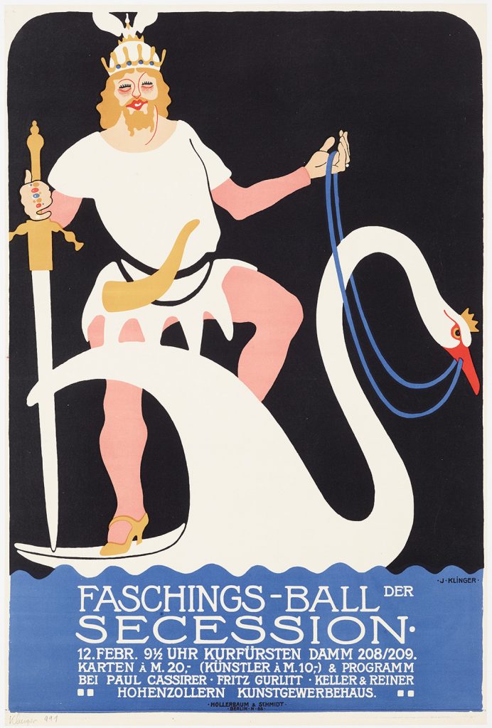 A lithographic poster of a viking in high heels riding a swan.