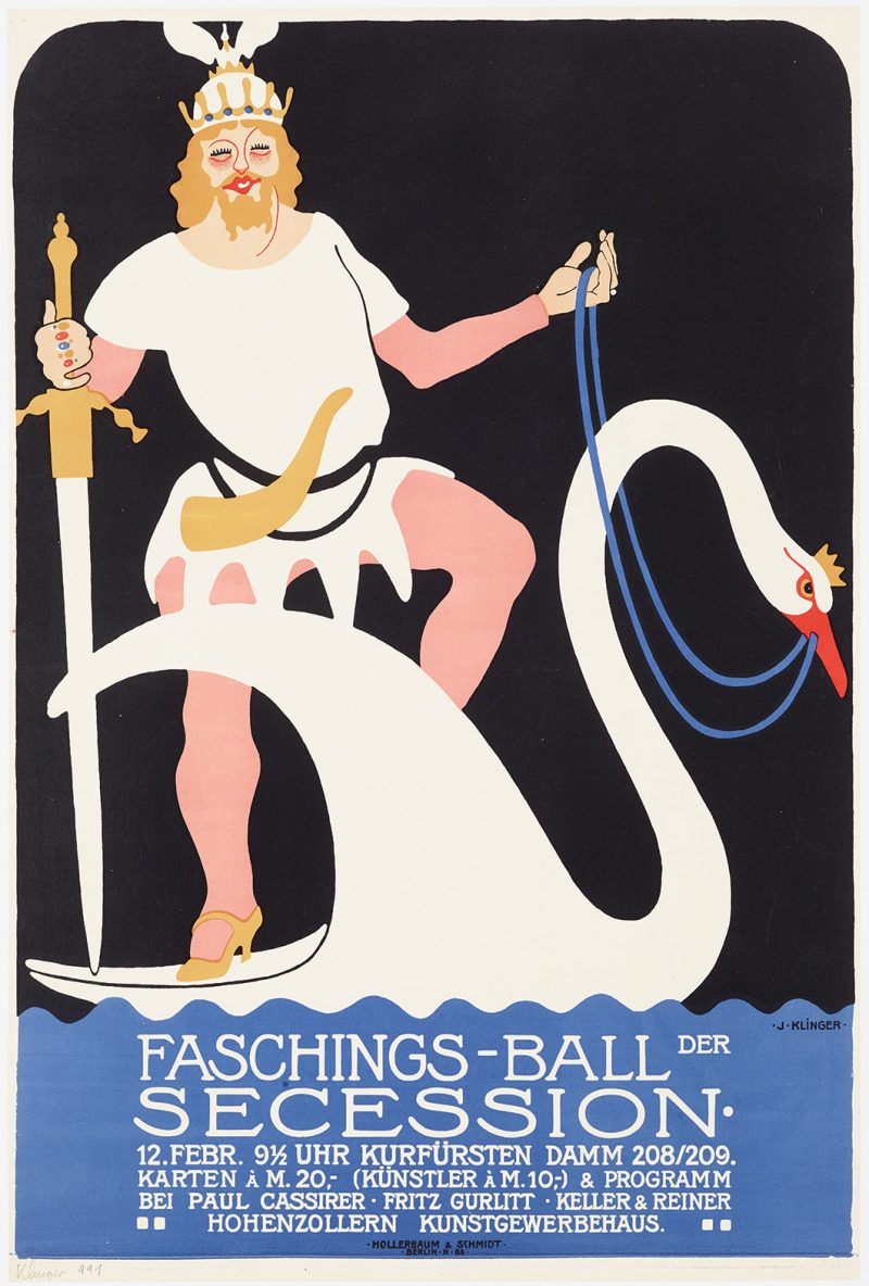 lithographic image of a viking in high heels riding a swan
