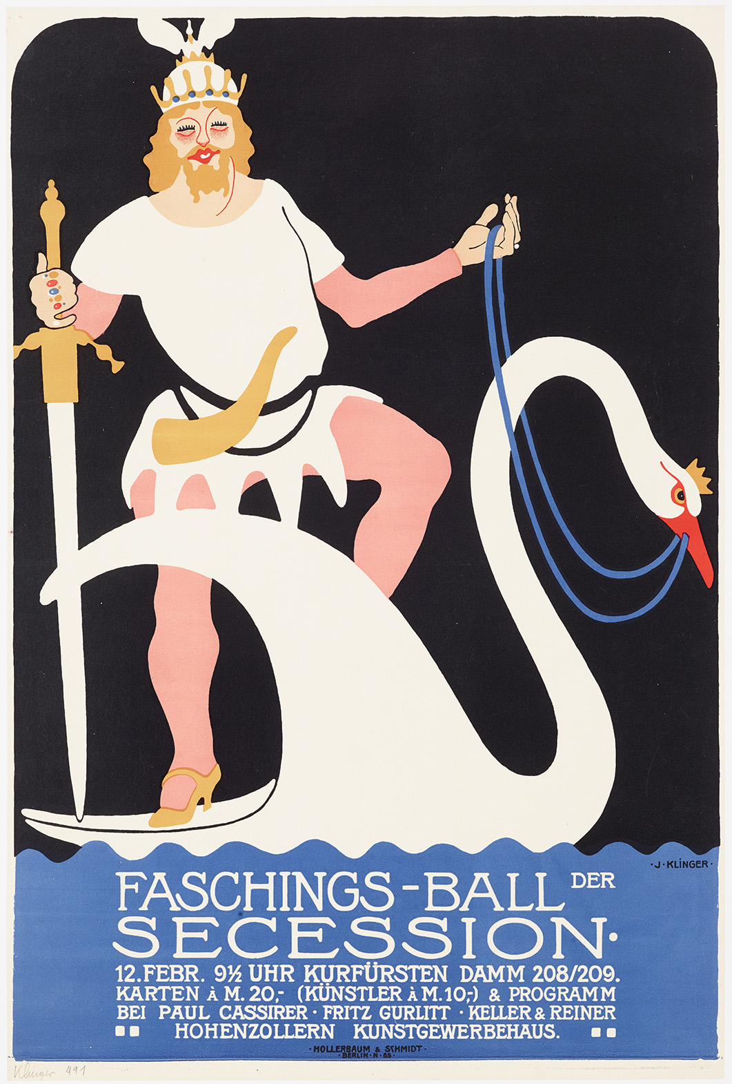 A lithographic poster of a viking in high heels riding a swan.