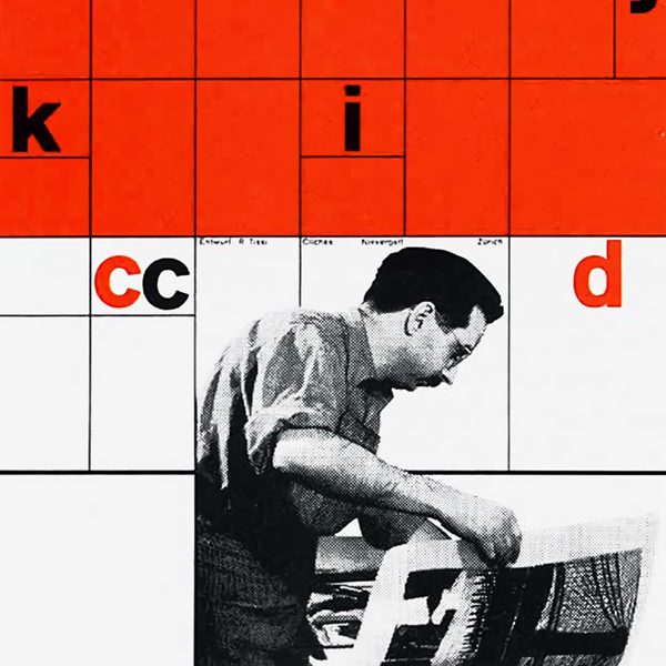 a man looking through posters with a grid and letters superimposed