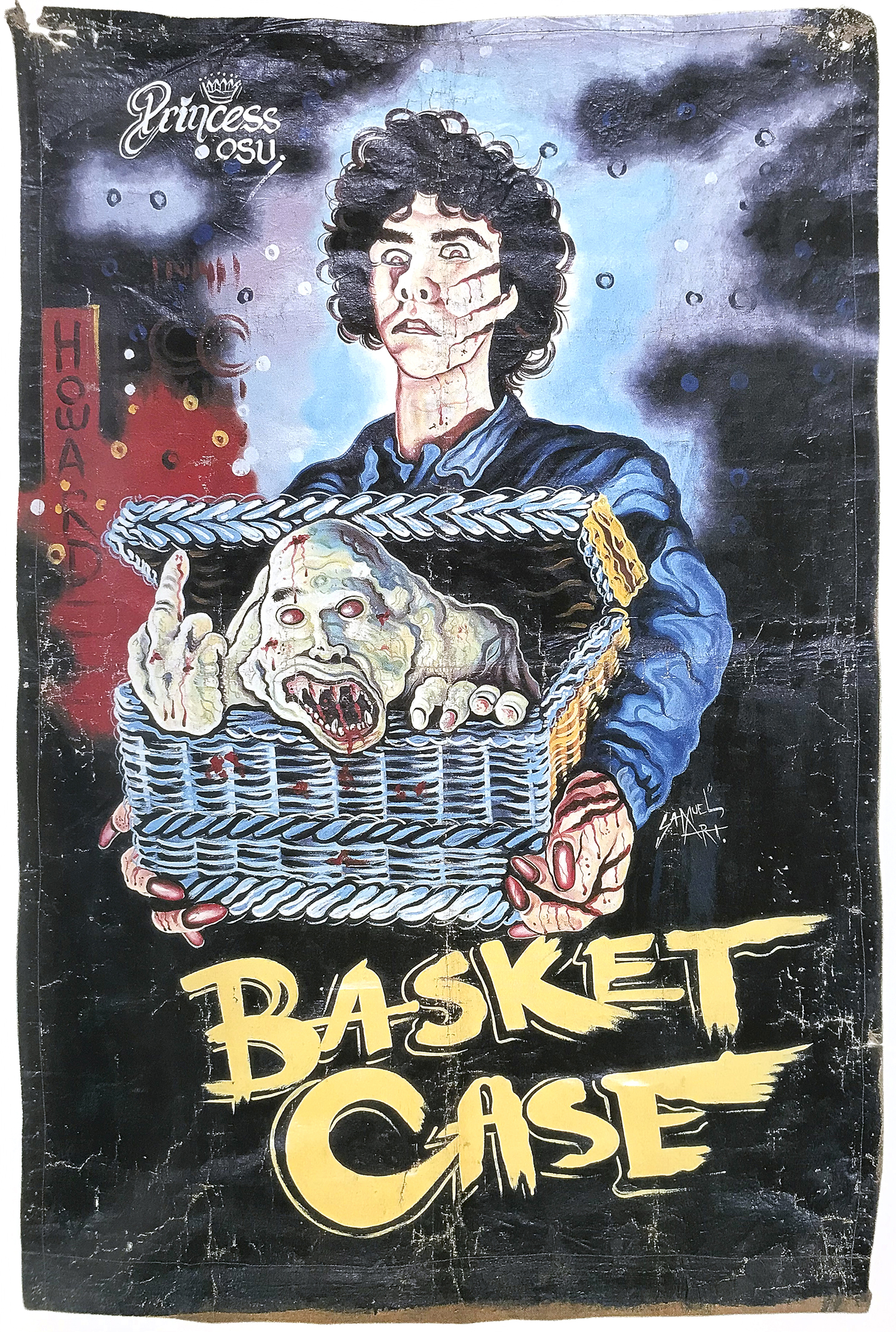 A hand-painted poster of a man with short curly hair holding a chest with a creature inside.