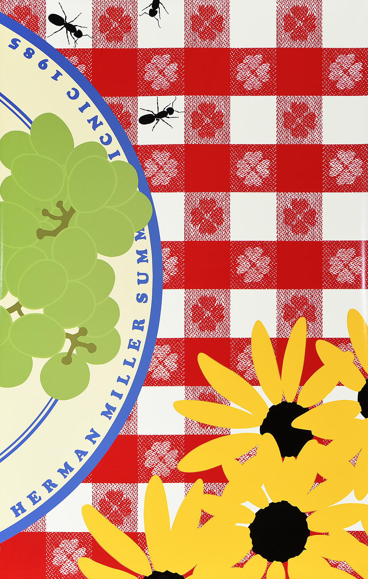An illustrational poster of grapes, sunflowers, and crawling ants on top of a plaid tablecloth.