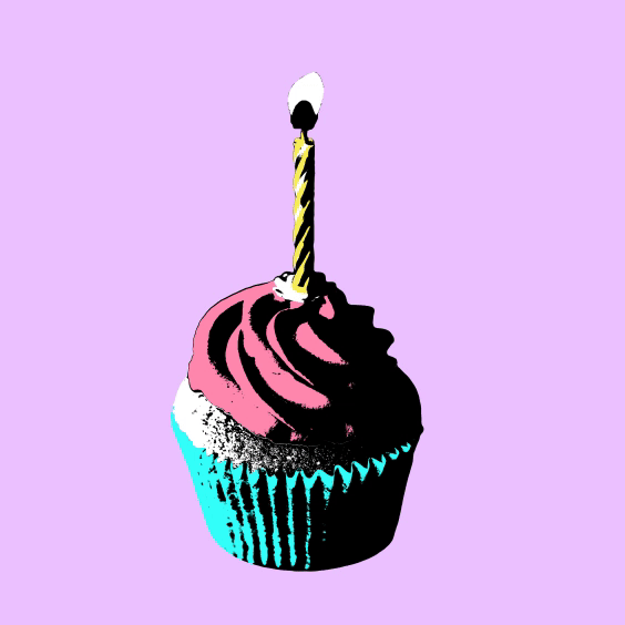 Animation of a cupcake with a blue wrapper, pink frosting, and a flickering candle against a purple background in celebration of Poster House's first birthday.