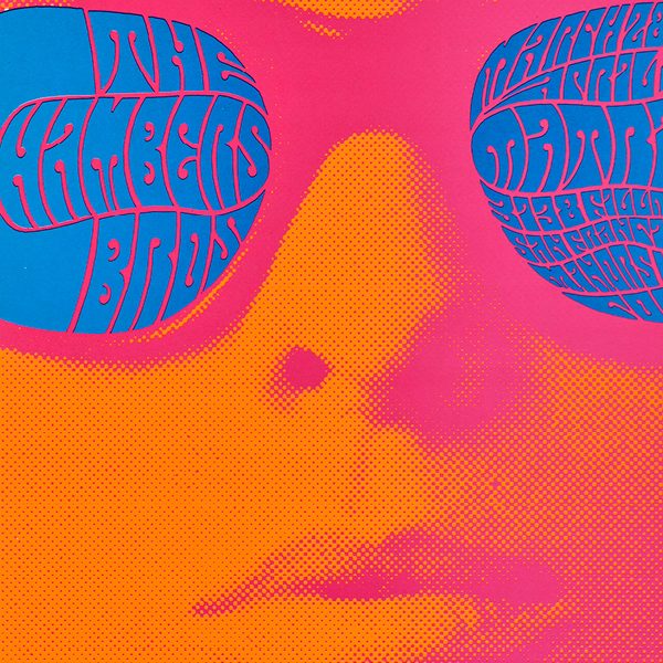 a close up of a psychedelic poster of a woman's face in orange and pink and blue sunglasses with type on the sunglasses