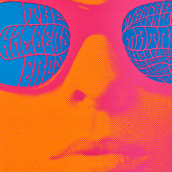 a close up of a psychedelic poster of a woman's face in orange and pink and blue sunglasses with type on the sunglasses