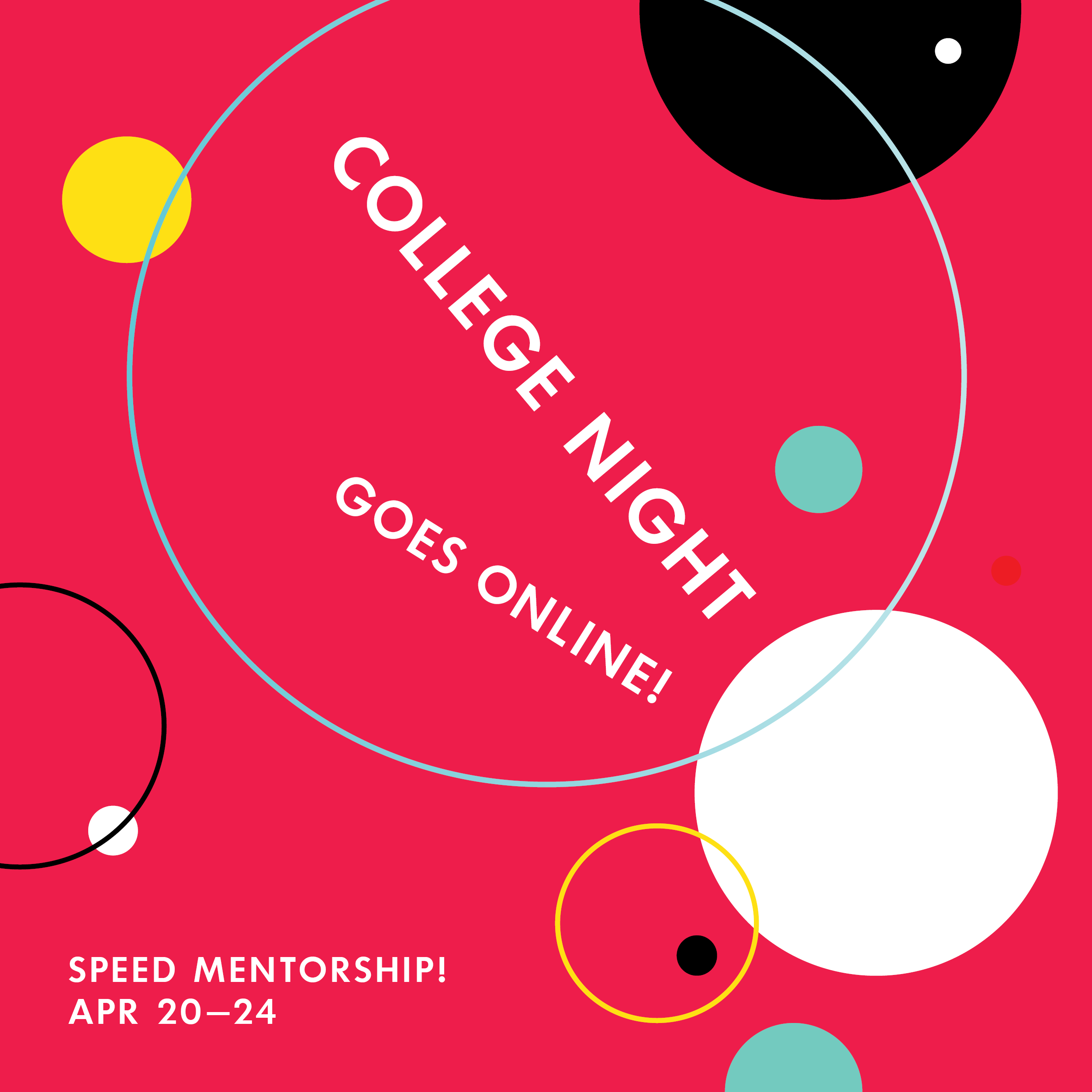 A red text graphic with scattered brightly colored circles promoting a College Night event.