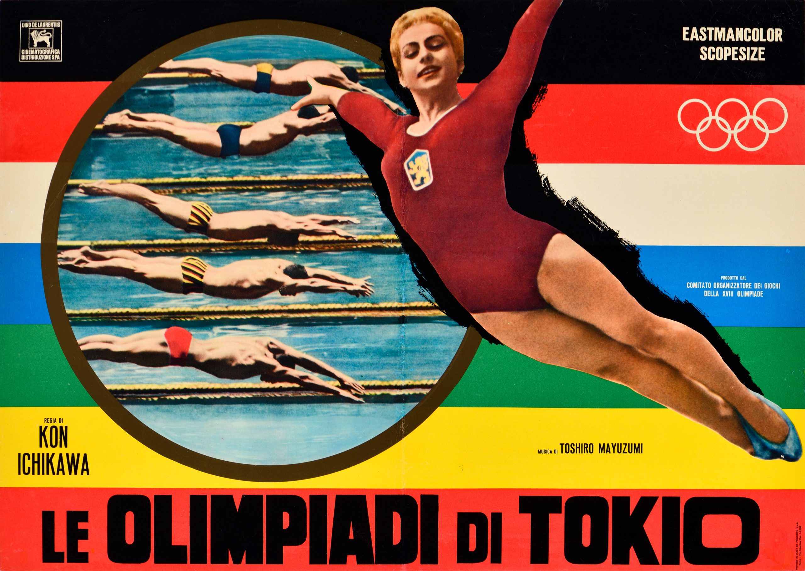 A poster featuring a woman diving upward on top of a photo with male competitive swimmers diving into pool lanes.