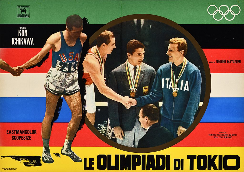 A photomontage poster of an athlete standing beside the image of two olympic champions shaking hands.